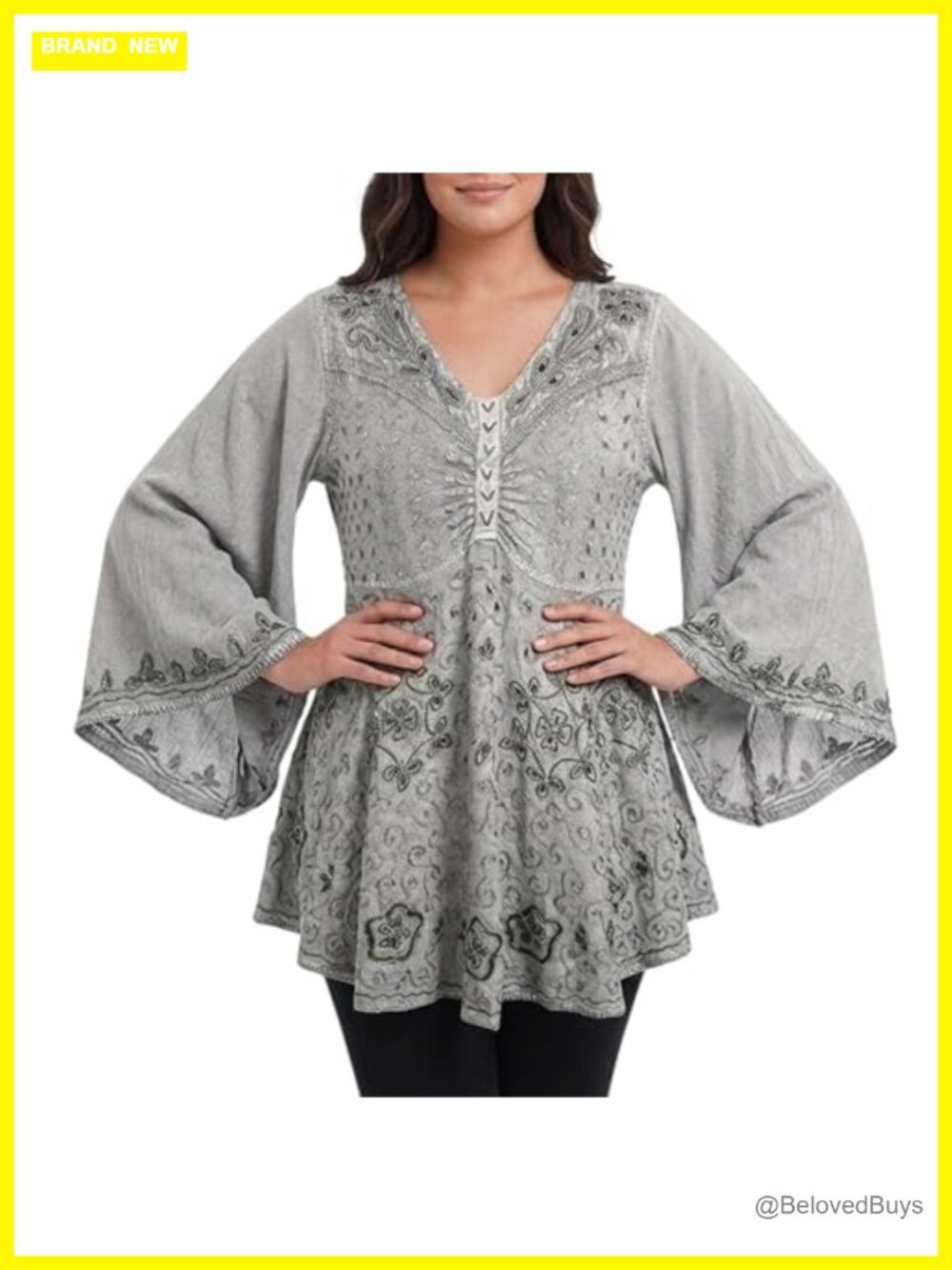 Womens Boho Embroidered Bell Sleeve V-Neck Tunic Top Blouse
